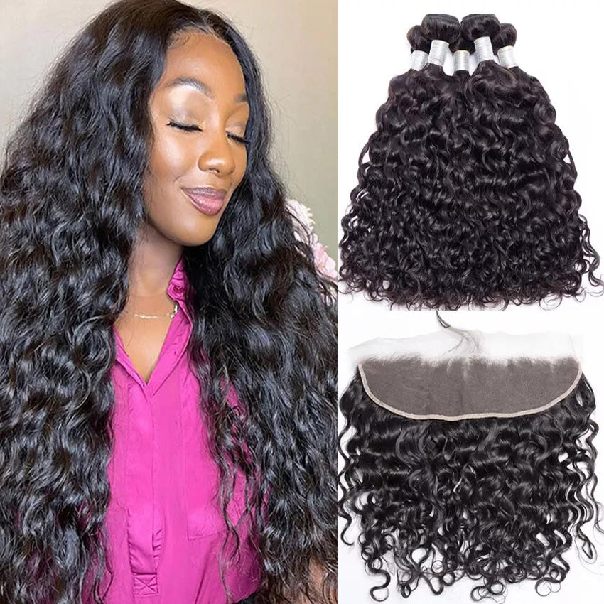 Stema Hair Virgin Water Wave Hair Bundles With 13x4 Medium Brown Lace Frontal 